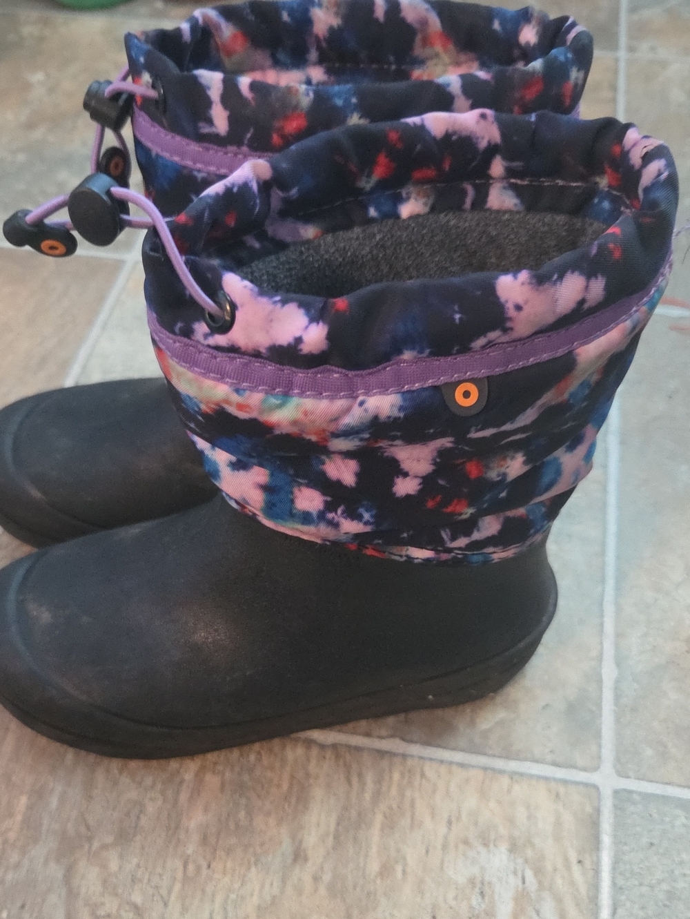 Bogs Kids Black Boots with Purple & Pink Tie-Dye Cuff